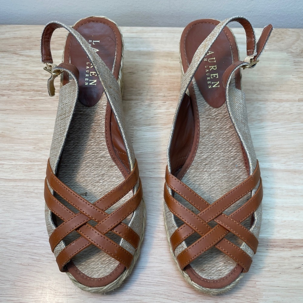 Lauren Ralph Lauren Candice Wedge Sandals Gold Linen Brown Espadrille 8.5B